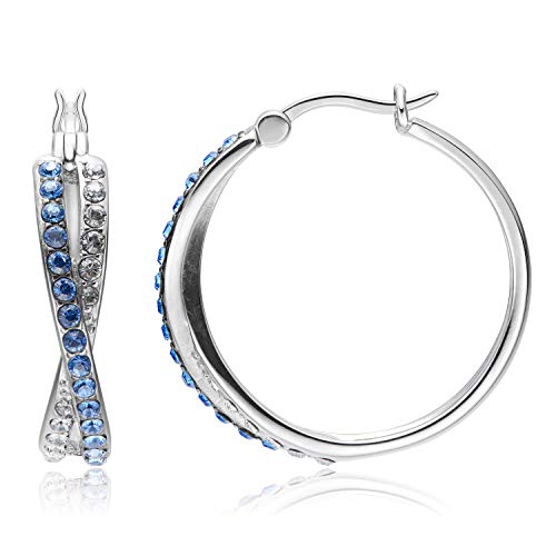 Sterling Silver Sapphire Blue and White Crossover Hoop Earrings Made with Swarovski Crystal (1" diameter)