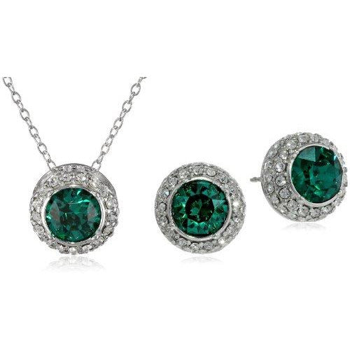 Sterling Silver Emerald Green Round Halo Pendant Necklace and Stud Earrings Jewelry Set Made with Swarovski Crystal