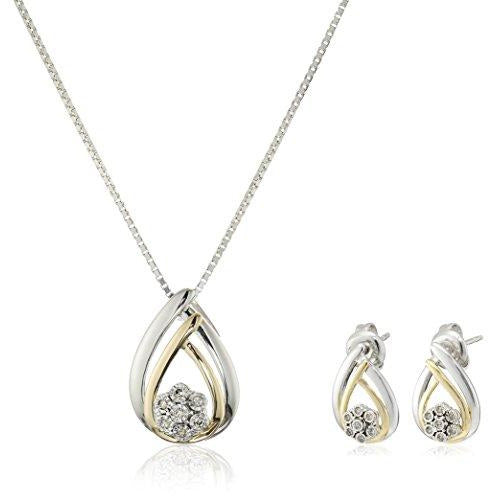 Sterling Silver Diamond Miracle Plate Teardrop Pendant Necklace and Stud Earrings (1/10 cttw, I-J Color, I2-I3 Clarity)