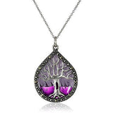 .925 Sterling Silver Genuine Marcasite Enamel Tree of Life 1-1/3" Pendant Necklace on 18" Chain - Purple