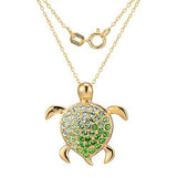 18k Yellow Gold Plated Sterling Silver Crystal Green Turtle Pendant Necklace, 18"