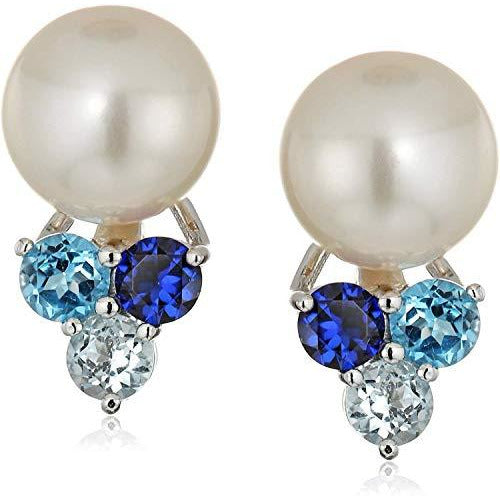 .925 Sterling Silver, 8mm Freshwater Cultured Pearl, Swiss Blue and Sky Blue Topaz and Created Blue Sapphire 1/2" Stud Earrings