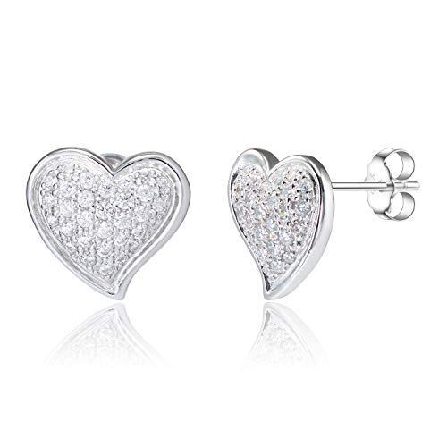 925 Sterling Silver Cubic Zirconia Pave Heart Stud Earrings