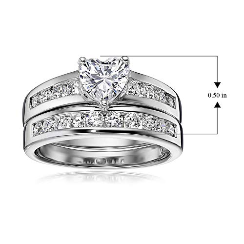 Platinum-Plated .925 Sterling Silver Heart-Shaped Cubic Zirconia Channel-Set Engagement Ring and Wedding Band Bridal Set - Size 8