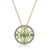 18k Yellow Gold Plated Sterling Silver Genuine Emerald and Diamond Accent Filigree Medallion Pendant, 18"