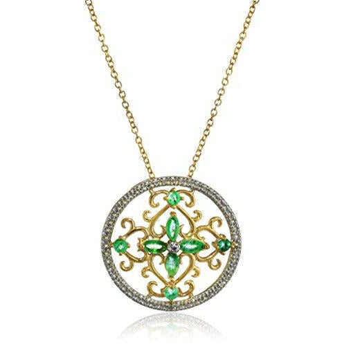 18k Yellow Gold Plated Sterling Silver Genuine Emerald and Diamond Accent Filigree Medallion Pendant, 18"