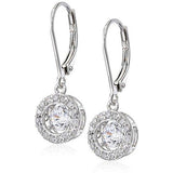Sterling Silver "Dancing" Cubic Zirconia 5mm Round Halo Leverback Dangle Earrings