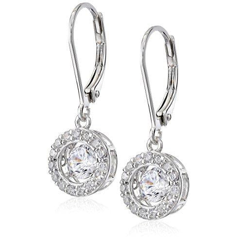 Sterling Silver "Dancing" Cubic Zirconia 5mm Round Halo Leverback Dangle Earrings