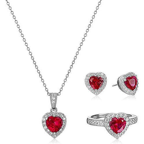 .925 Sterling Silver Created Ruby and Created White Topaz Halo Heart Pendant Necklace, Stud Earrings, and Size 7 Ring Set - July Birthstone