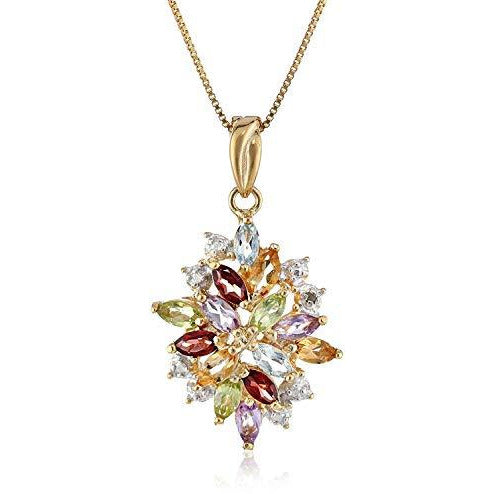 18K Yellow Gold-Plated 925 Sterling Silver Garnet, Blue Topaz, Amethyst, Citrine and Peridot Diamond-Accented Cluster Pendant Necklace, 18"