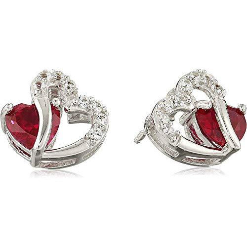 925 Sterling Silver July Birthstone Created Ruby and Created White Sapphire Double Heart Stud Earrings