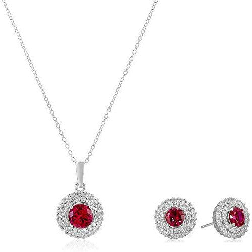 .925 Sterling Silver & Round Created Ruby 18" Pendant Necklace and Stud Earrings Set with Created White Sapphire Double Halo Styling - July Birthstone