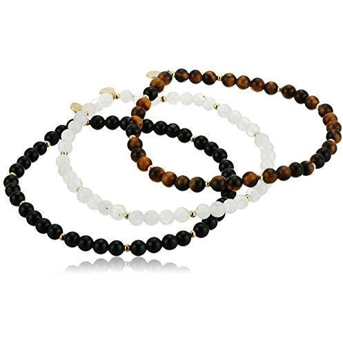 Genuine Black Agate, Moonstone, and Tiger Eye with 18k Yellow Gold Plated Bronze Beaded Stretch Bracelets (Set of 3)