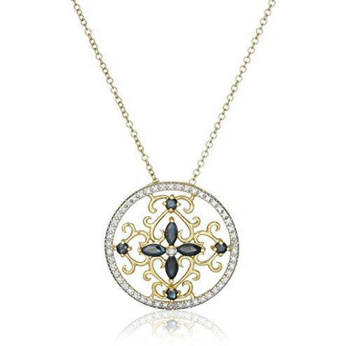 18K Yellow Gold-Plated .925 Sterling Silver Diamond-Accented Gemstone Floral Filigree Cross Round 1" Pendant Necklace on 18" Chain - Choice of Birthstones (09 September - Natural Blue Sapphire)