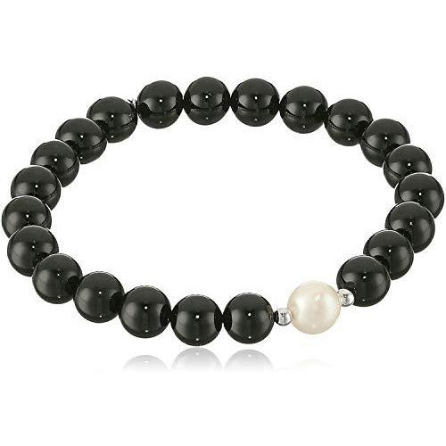Genuine Semi-Precious Black Agate Bead Stretch Bracelet with White Freshwater Cultured Pearl with Rhodium Plated Silver Accent, 6-1/2"