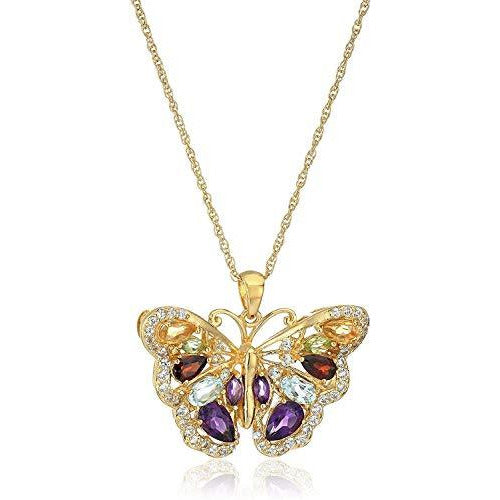 Genuine Multi-Gemstone and Created White Sapphire Butterfly Pendant Necklace