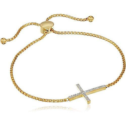18K Yellow Gold Plated 925 Sterling Silver 1/10 Cttw Diamond Sideway Cross Bolo Strech Bracelet Adjustable to 9", (I-J Color, I2-I3 Clarity)