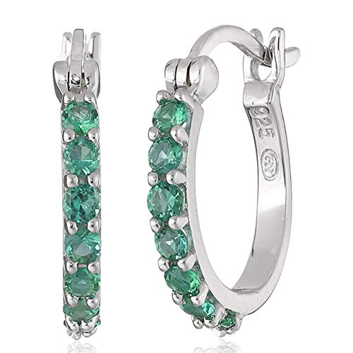 Dainty 925 Sterling Silver Created Emerald May Birthstone Demi Fine Hoop Earrings