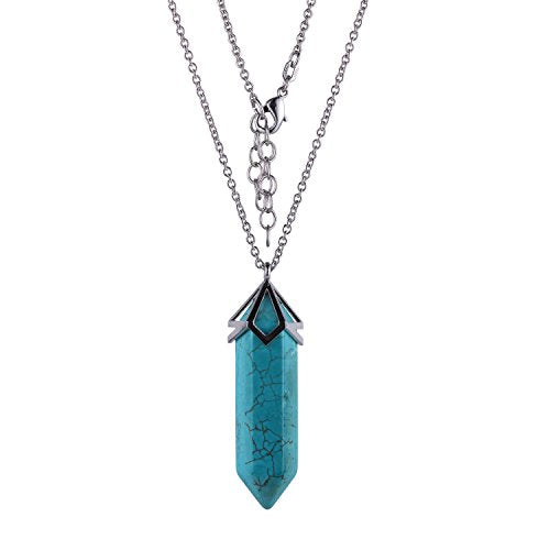 .925 Sterling Silver Plated Turquoise Dyed Howlite Mineral 40x10mm Hexagonal Point Pendulum Chakra Pendant Necklace, 32" + 2" Extender