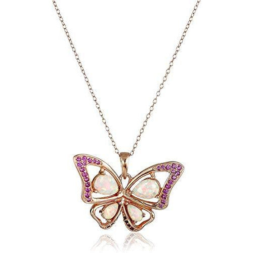 14K Rose Gold Plated Sterling Silver Created Opal and Pink Sapphire Butterfly 3-prong setting Pendant Necklace, 18"