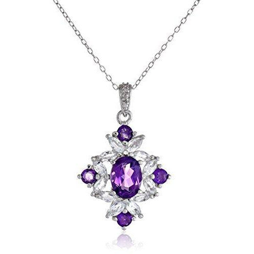 Sterling Silver Genuine Amethyst, White Topaz, and Diamond Accent Cluster Pendant Necklace, 18" + 2" Extender
