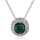 Sterling Silver Emerald Green Round Halo Pendant Necklace and Stud Earrings Jewelry Set Made with Swarovski Crystal
