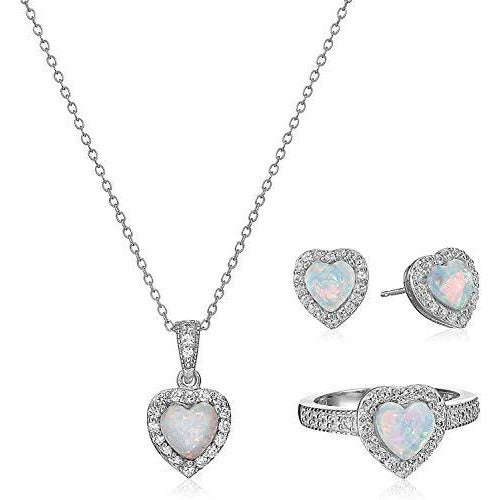 .925 Sterling Silver Created Opal and Created White Topaz Halo Heart Pendant Necklace, Stud Earrings, and Size 7 Ring Set - October Birthstone