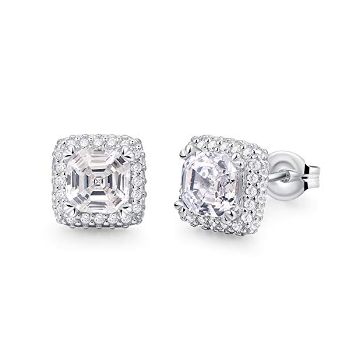 Rhodium Plated .925 Sterling Silver Asscher-Cut Cubic Zirconia Halo-Setting Style 1/3" Stud Earrings with Butterfly back