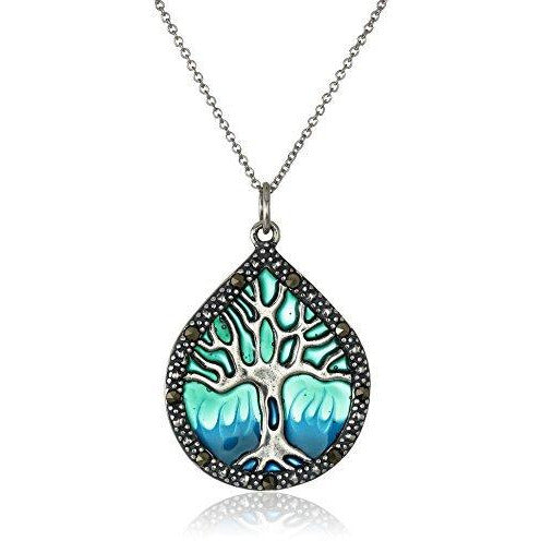 Sterling Silver Genuine Marcasite and Blue Epoxy Tree of Life Pendant Necklace, 18"