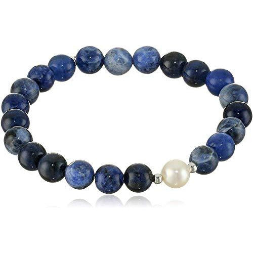Genuine Semi-Precious Blue Sodalite Round Bead Stretch Bracelet with White Freshwater Cultured Pearl with Rhodium Plated Silver Accent, 6-1/2"