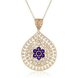 18k Yellow Gold Plated Sterling Silver Genuine African Amethyst Floral Filigree Teardrop Pendant Necklace, 18"