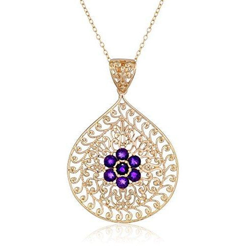 18k Yellow Gold Plated Sterling Silver Genuine African Amethyst Floral Filigree Teardrop Pendant Necklace, 18"