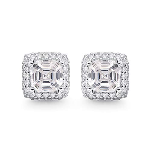 Rhodium Plated .925 Sterling Silver Asscher-Cut Cubic Zirconia Halo-Setting Style 1/3" Stud Earrings with Butterfly back
