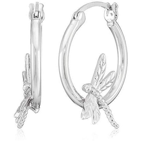 925 Sterling Silver Openwork Circle Dragonfly Hoop Earrings