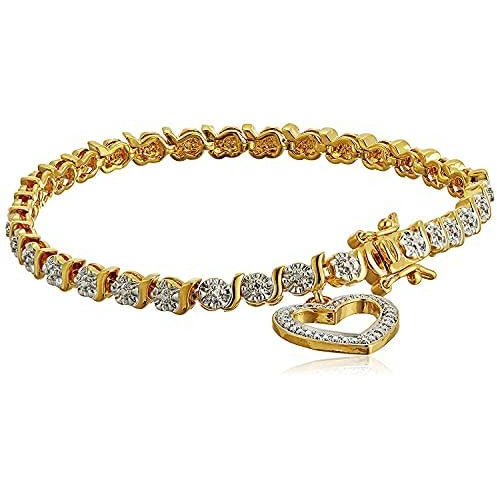 18k Yellow Gold Plated Bronze Diamond Accent Open Heart Tennis Bracelet, 7.25"