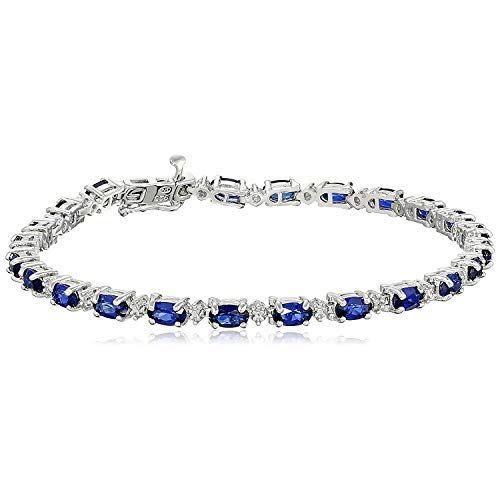 .925 Sterling Silver Oval Created Blue Sapphire and Diamond Accent Tennis Bracelet, 7-1/4"