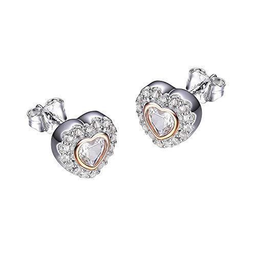 14k Rose Gold Plated Sterling Silver Cubic Zirconia Two Tone Halo Heart Stud Earrings