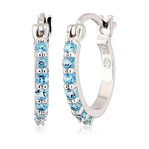 Dainty 925 Sterling Silver Genuine Swiss Blue Topaz December Birthstone Demi Fine Hoop Earrings
