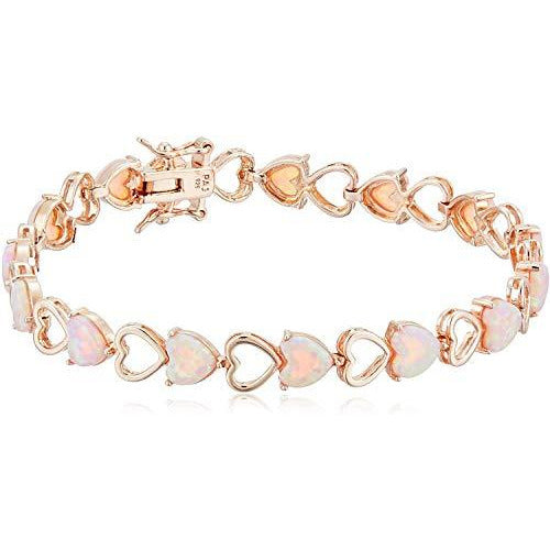 14K Rose Gold Plated .925 Sterling Silver Created Pink Opal Heart Tennis Prong Setting Bracelet, 7-1/4"