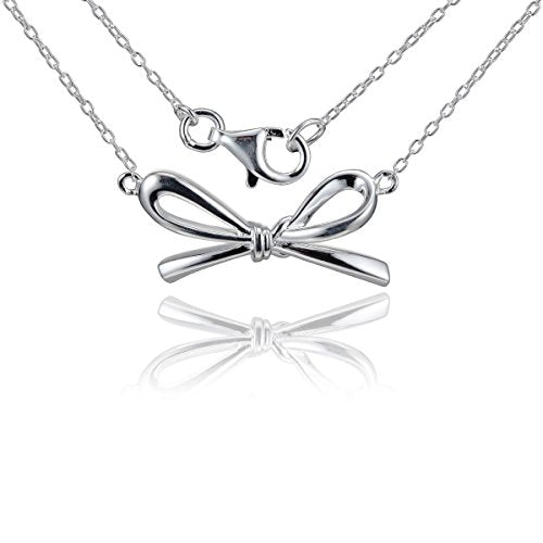 925 Sterling Silver Bow Ribbon Simple Pendant Necklace, 18"