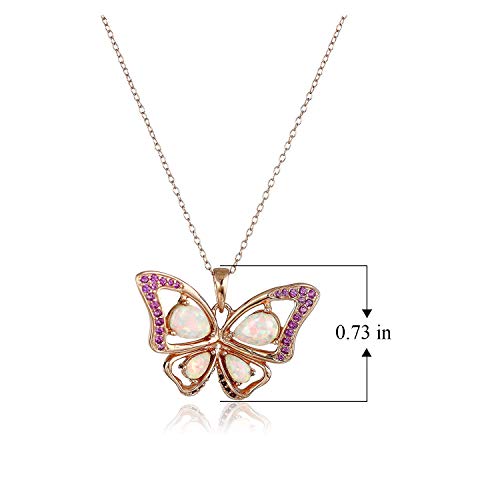14K Rose Gold Plated Sterling Silver Created Opal and Pink Sapphire Butterfly 3-prong setting Pendant Necklace, 18"