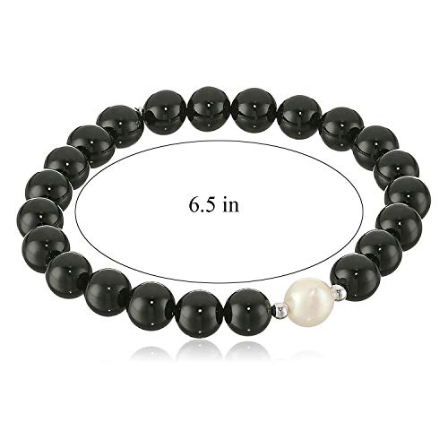 Genuine Semi-Precious Black Agate Bead Stretch Bracelet with White Freshwater Cultured Pearl with Rhodium Plated Silver Accent, 6-1/2"