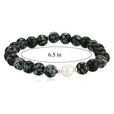 Genuine Semi-Precious Snowflake Obsidian Round Bead Stretch Bracelet with White Freshwater Cultured Pearl with Rhodium Plated Silver Accent, 6-1/2"