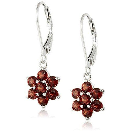 Sterling Silver Garnet Flower Leverback Dangle Earrings