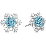 Rhodium-Plated Sterling Silver Blue Topaz Color Cubic Zirconia Pavé-Setting Snowflake Stud Earrings