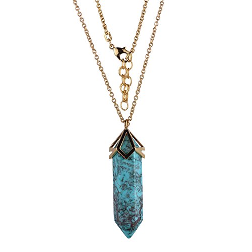 18K Yellow Gold Plated Turquoise Dyed Howlite Mineral 40x10mm Hexagonal Point Pendulum Chakra Pendant Necklace, 32+2"
