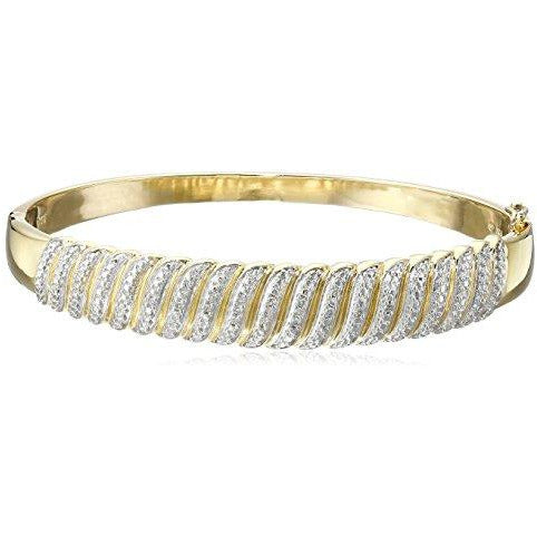 18k Yellow Gold Plated Sterling Silver Diamond Hinged Bangle Bracelet (1/10cttw, I-J Color, I2-I3 Clarity), 7"
