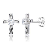 Rhodium-Plated Sterling Silver Cubic Zirconia Cross 4-prong setting Stud Earrings