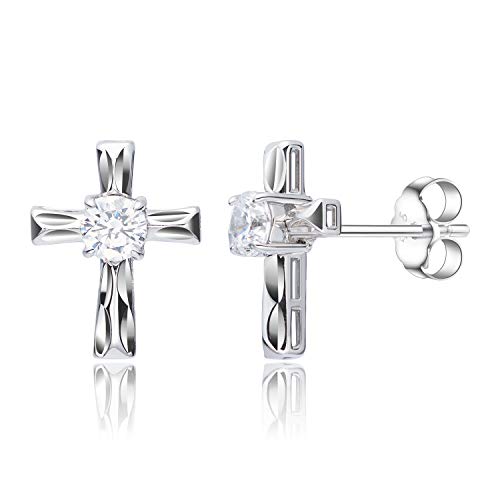 Rhodium-Plated Sterling Silver Cubic Zirconia Cross 4-prong setting Stud Earrings