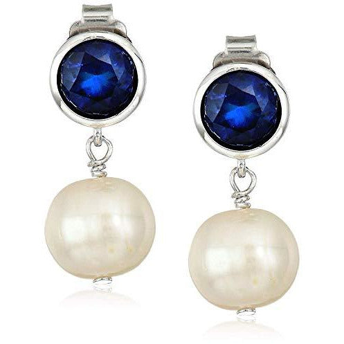 925 Sterling Silver Bezel-Set Created Blue Sapphire September Birthstone and 8mm White Freshwater Cultured Pearl Post Drop Earrings